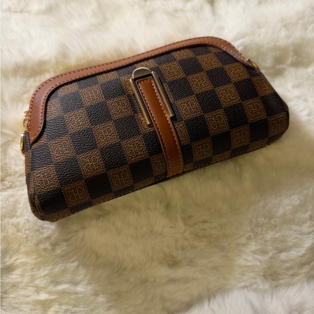 Checker Pattern Brown Wristlet Clutch with Leather Trim
